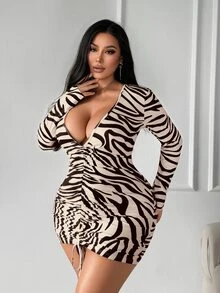 SHEIN SXY 大尺碼女款斑馬紋休閒性感日常夏季連身裙 秋季夜店派對 米色 - 棕色 - 查看 6