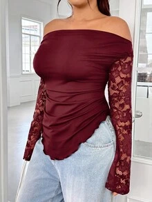 GalTyme 大尺碼女款露肩蕾絲修身百搭休閒T恤 - 酒紅色 - 查看 4