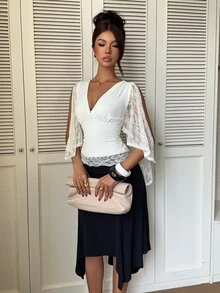 Siren Gaze Autumn/Winter New Lace Patchwork Waist-Cinching Top - Apricot - View 4