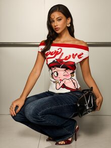 Betty Boop x SHEIN Women's Off-Shoulder Letter Cartoon Print Casual Daily Top - White - View 8