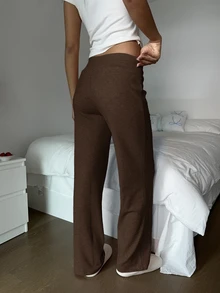 SHEIN EZwear 女款純色抽繩腰休閒日常長褲 - 棕色 - 查看 2