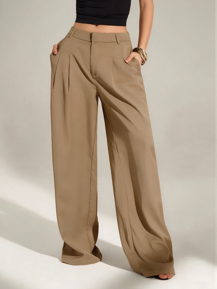SHEIN Tall Old Money 風格女款高腰百褶寬腿褲,黑色冬季端莊商務休閒辦公穿搭,優雅純色寬鬆修身西裝長褲,適合高個女性 - 駝色 - 查看 1