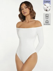 SHEIN BASICS 女款露肩長袖緊身連身衣 夜黑 秋季性感 秋冬款 - 白色 - 查看 5