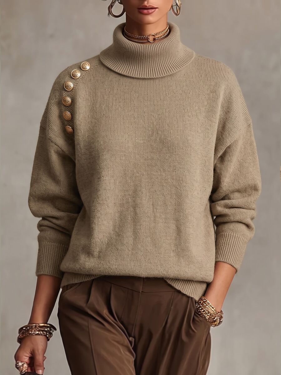 Omancia Women's Solid Color Casual Versatile Daily Wear Long Sleeve Sweater - Khaki - View 1