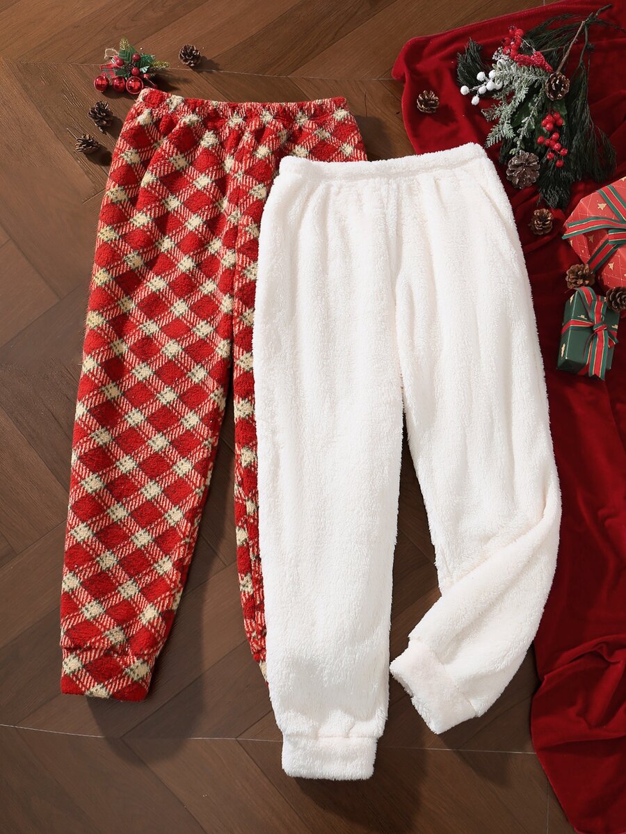EverLounge 2pcs Men's Autumn/Winter Minimalist Basic Fit Red Christmas Plaid Print & Cream White Lounge Pants - Multicolor - View 1
