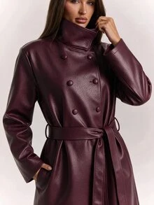 SHEIN BAE Women's Solid Color PU Leather Casual Versatile Trench Coat Jacket - Burgundy - View 5