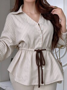 Vibekara Plus Size Loose Casual Striped Belt Shirt, Autumn/Winter Fall - Mint Green - View 1