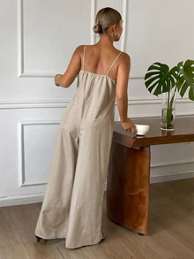 DAZY Đồ mặc nhà jumpsuit nữ màu trơn ống rộng dây mảnh - Màu Khaki - Xem 2