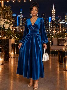 SHEIN Lady فستان طويل كاجوال للحفلات للنساء بلون موحد وياقة V عميقة وتصميم مطوي - الأزرق - مشاهدة 5