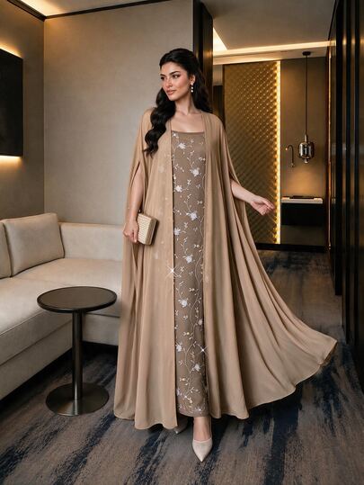 Auveirra Plus Size 3D Embroidered Elegant Dress With Cardigan 2 Pieces Set