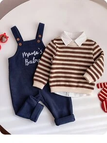 Baby Boy Cute Versatile Casual Letter Pattern Corduroy Winter Romper Baby Boy Fall Clothes - Navy Blue - View 1