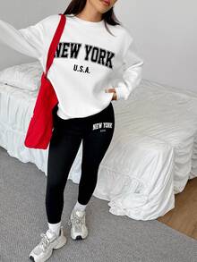 SHEIN EZwear 休閒極簡鬆款圓領衛衣與緊身內搭褲 2 件套，附紐約英文印花圖案 - 彩色 - 查看 6