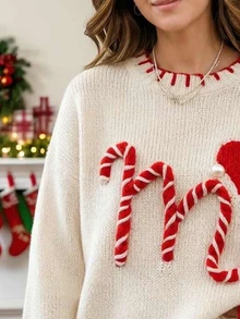 Bytebia Bytebia Women's Heart Pattern Round Neck Drop Shoulder Long Sleeve Casual Christmas Sweater - Red and White - View 4