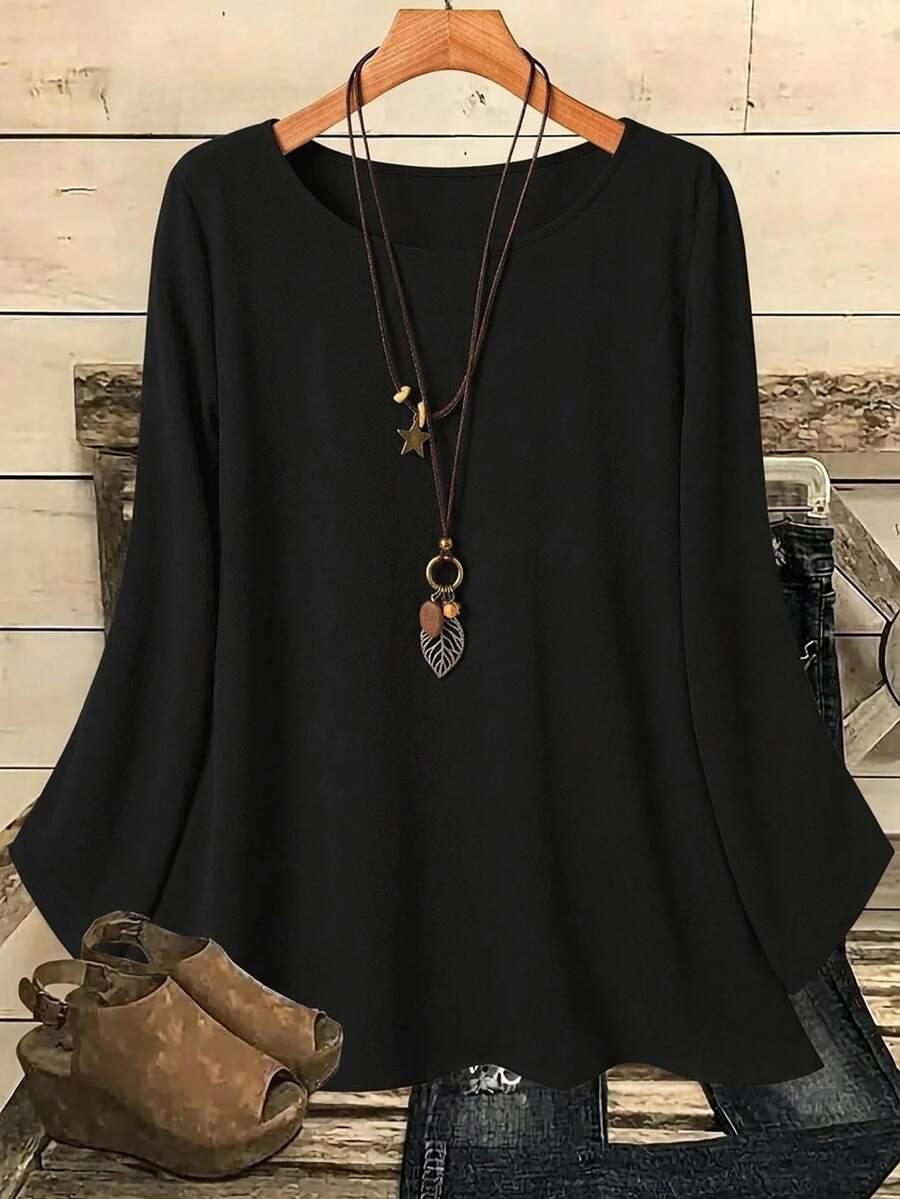 EMERY ROSE Plus Size Women's Autumn/Winter Casual Black Solid Color Round Neck Loose Fit 3/4 Sleeve Blouse - Black - View 1