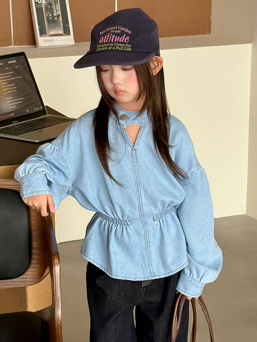 Dazy Kids Tween Girl Button-Up Fashion Cinched Waist Long Sleeve Denim Top - Baby Blue - View 1