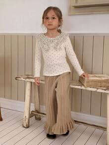 DAZY Young Girl) Round Neck Casual Polka Dot Design Fitted Base Layer T-Shirt - Beige - View 5