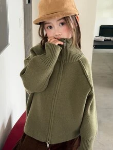 DAZY Tween Girl) Stand Collar Casual Cardigan Sweater, Thick Solid Color Basic Open Front Knitwear, Autumn/Winter - Green - View 5