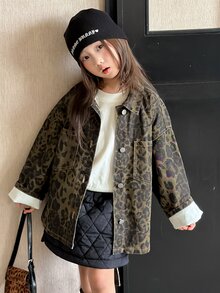 DAZY Girls' (Large) Leopard Print Denim Top With Turn-Down Collar, Cinched Waist And Tie Design - Brown - View 3