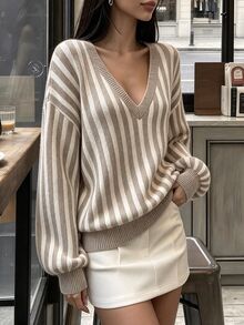 Cévolie Brown Striped Long Sleeve V-Neck Pullover Sweater Autumn - Coffee Brown - View 5