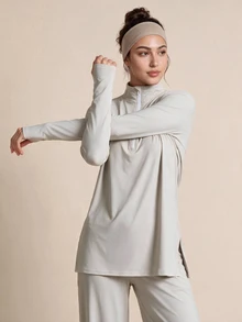 SHEIN With My Calm Women's Solid Color Stand Collar Casual Daily Travel Sports T-Shirt - Light Grey - View 7