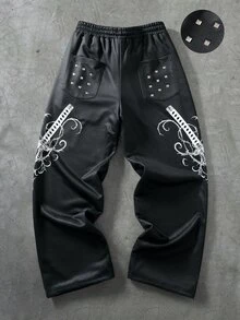 ROMWE MEN Dark Gothic Thorn Print Wide Leg Sweatpants For Men, Niche Subculture Rivet Pocket Drawstring Elastic Waist Floor Length High Street Vintage Loose Drape Flared Pants - Black - View 2