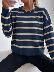 Sprig & Strand 女款條紋圓領落肩長袖休閒針織套頭毛衣，秋冬款 - 藏蓝色 - 查看 1