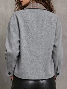 SHEIN Women's Houndstooth Contrast Color Lapel Cuff Wool Vintage Old Money Style Coat - Grey - View 2