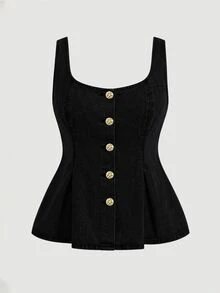 SHEIN MOD 大尺碼女款金屬鈕扣時尚水洗牛仔上衣 - 黑色 - 查看 4