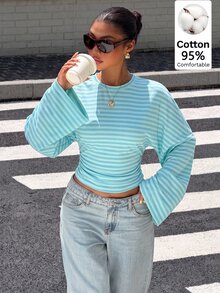 Muchica Women's Striped Pleated Casual Daily Wear T-Shirt - Multicolor - View 1
