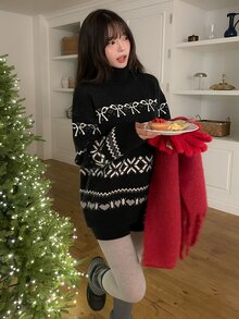 DAZY Women's Korean Style High Neck Long Sleeve Autumn/Winter Sweater 2 Pieces Set - Black - View 3