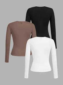 SHEIN EZwear 3件組女款純色圓領長袖休閒百搭T恤 - 彩色 - 查看 2