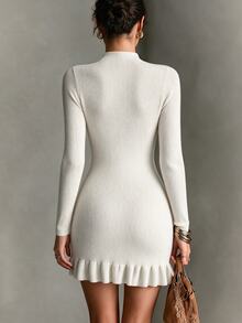 SHEIN Chinese Frog Button Ribbed Knit Mini Dress Long Sleeve Ruffle Hem Bodycon Sweater Dress - White - View 2