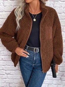 SHEIN LUNE Zip Up Drop Shoulder Teddy Jacket In Fall/Winter,Casual - Brown - View 6