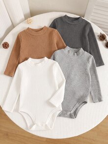 SHEIN 男嬰針織柔軟假領長袖秋季連身衣 4件套，百搭舒適 - 彩色 - 查看 3