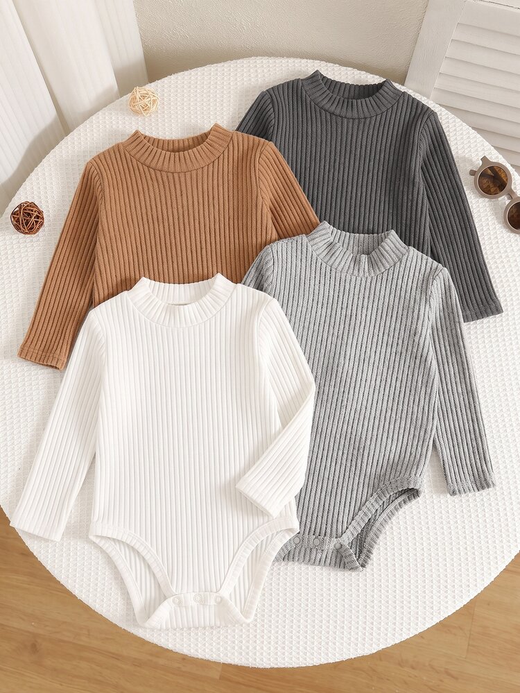 SHEIN Baby Boy Knitted Soft Mock Neck Long Sleeve Autumn Bodysuit 4pcs -Piece Set, Versatile And Comfortable - Multicolor - View 3