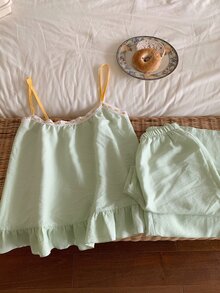 DAZY Women's Contrast Lace Ruffle Hem Camisole Top And Long Pants Pajama Set - Green - View 3