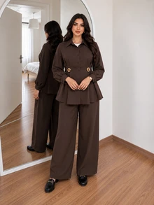 Solavon Plus Size Women's 3D Floral Decor Single-Breasted Shirt And Wide Leg Pants 2 Pieces Set - Coffee Brown - View 4