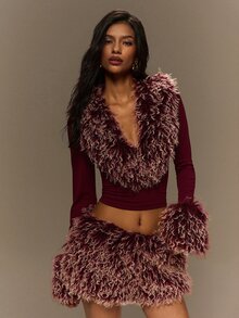TypaGal Fall Winter Y2k Halloween Christmas Sexy Going Out Luxury Formal Rave Club Vacation Red Women's Vintage Street Style Faux Fur Patchwork Top - Burgundy - View 4