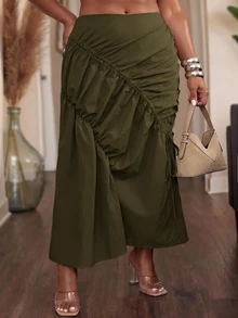 Slaydiva Autumn/Winter Casual Street Khaki Asymmetric Ruched Fishtail Skirt Plus Size Fall - Army Green - View 3