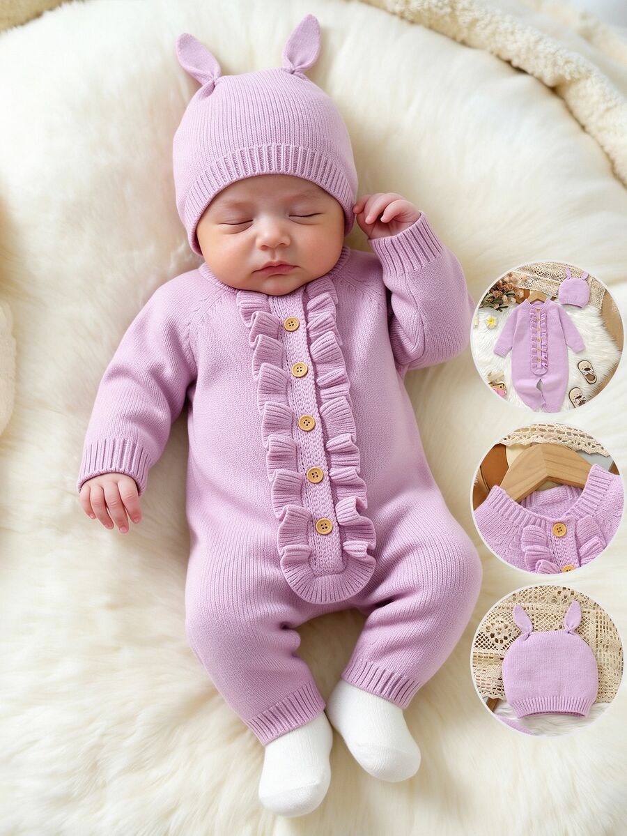 SHEIN Infant/Toddler Girls' Light Pink Cute Autumn Casual Ruffled Sweater Jumpsuit,Knitted Baby Girl Clothes Newborn Ruffle Romper With Hat Spanish Style - Mauve Purple - View 1