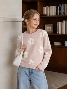 SHEIN Sparklyn 青少年女孩花卉圖案落肩針織衫 秋季 - 彩色 - 查看 1