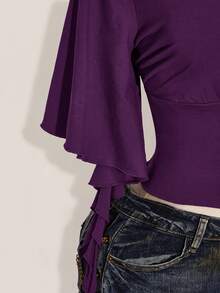 SHEIN ICON 女款大尺碼黑色夏季哥德風性感夜店約會派對夜店 T-shirt，復古優雅 V 領荷葉袖修身 Y2K 風格 - 紫色 - 查看 4