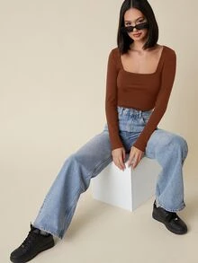 SHEIN BASICS 女款休閒純色方領修身短袖上衣，黑色夏季上衣 - 鏽棕色 - 查看 3