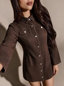 Maija Women's Street Style Button-Up Waist Long Sleeve Denim Dress - Brown - View 5