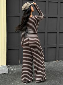 Coolane 女款秋冬街頭風休閒Y2K運動日常穿搭復古圖案條紋紋理方領長袖T恤與寬鬆長褲2件組 - 棕色 - 查看 5