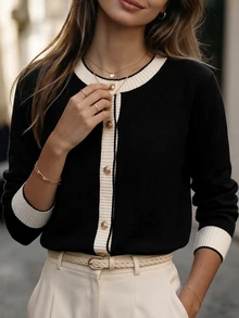 GlowEve CURVE Plus Size Women's Colorblock Long Sleeve Single-Breasted Casual Knit Cardigan - Multicolor - View 1