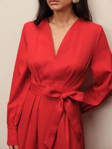BELROSIE Women's Solid Color V-Neck Waist Knot Casual Party Dress - Burgundy - View 6