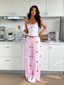 ZzzCrew HELLO KITTY AND FRIENDS | SHEIN Women's Fitted Bow Decor Printed Camisole & Long Pants Pajama Set - Baby Pink - View 6