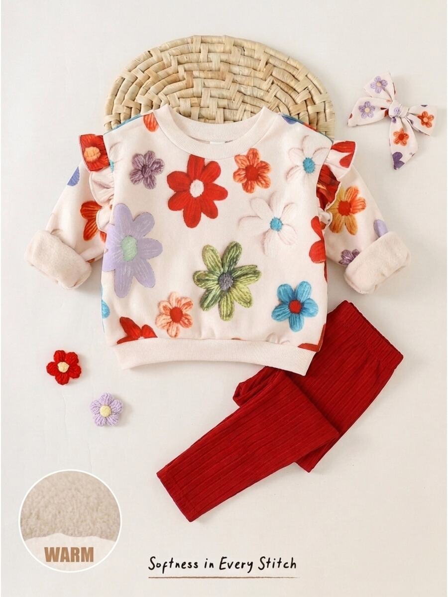 Cozy Pixies Baby Girl Knitted Special Effect Print Pattern Ruffle Hem Casual Sweatshirt & Long Pants 2 Pieces Set - Multicolor - View 1