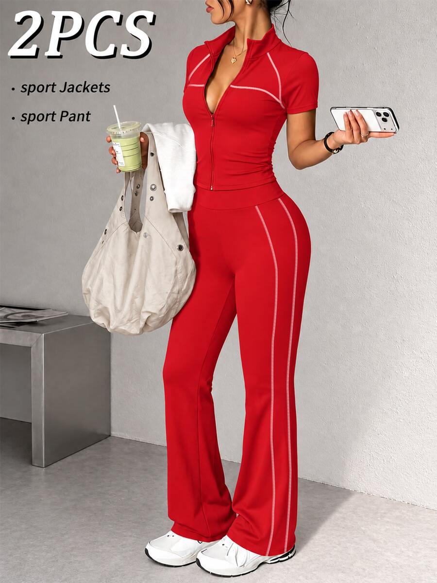 Dewbera Dewbera Women's Sports Set Navy Blue Tight Fit Raglan Short Sleeve Color Block Full Zip Jacket Split Flare Pants Athleisure Gym Workout Summer - Red - View 1